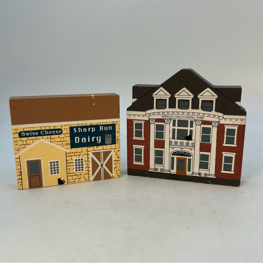 2-The Cats Meow Wooden Village Signed (Funeral Home,Dairy Barn) Vtg 1994 Faline